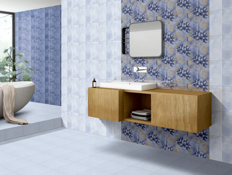 Elegant master bathroom design with leaf-patterned tiles in a blend of blue and white shades